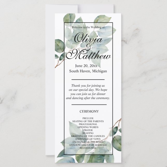 Elegant Watercolor greenery boho wedding program  (Front)