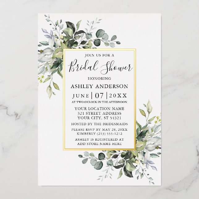 Elegant Watercolor Greenery Bridal Shower Gold (Front)