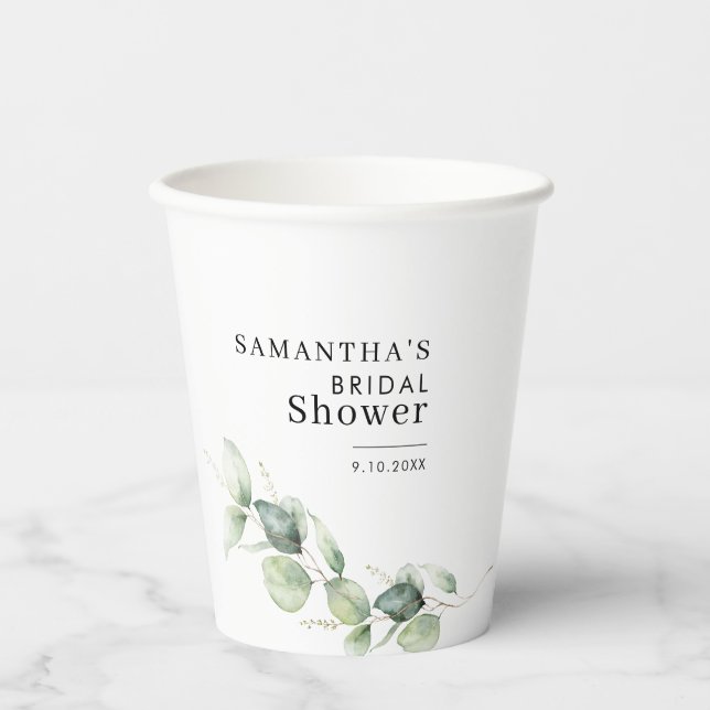 Elegant Watercolor Greenery Bridal Shower Paper Cups (Front)