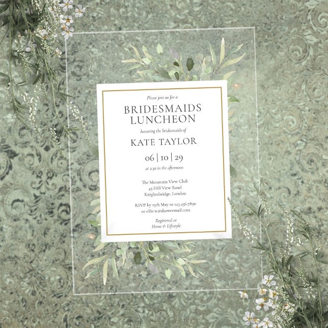 Elegant Watercolor Greenery Bridesmaids Luncheon Acrylic Invitations (Elegant Watercolor Greenery Bridesmaids Luncheon Acrylic Invitations)