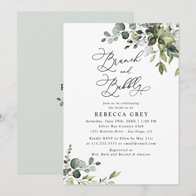 Elegant Watercolor Greenery Brunch & Bubbly Shower Invitation (Front/Back)