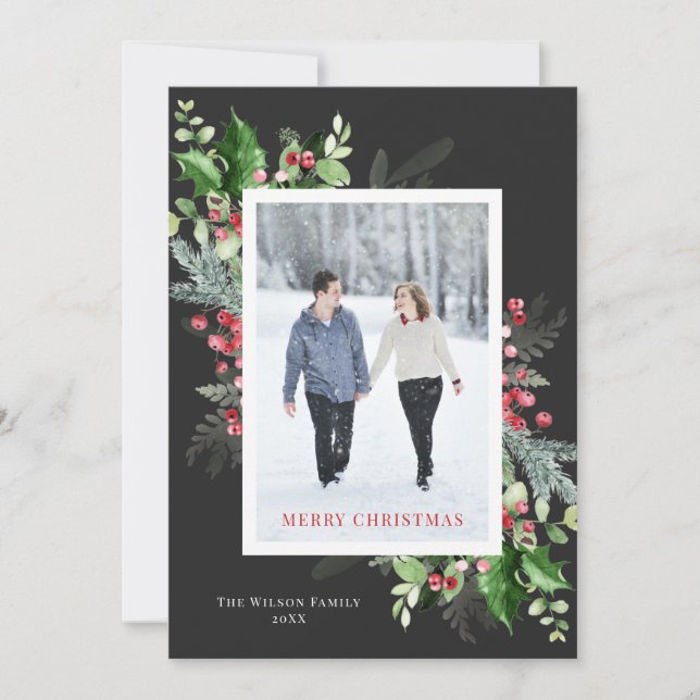 Elegant Watercolor Greenery Christmas Holiday Card (Front)