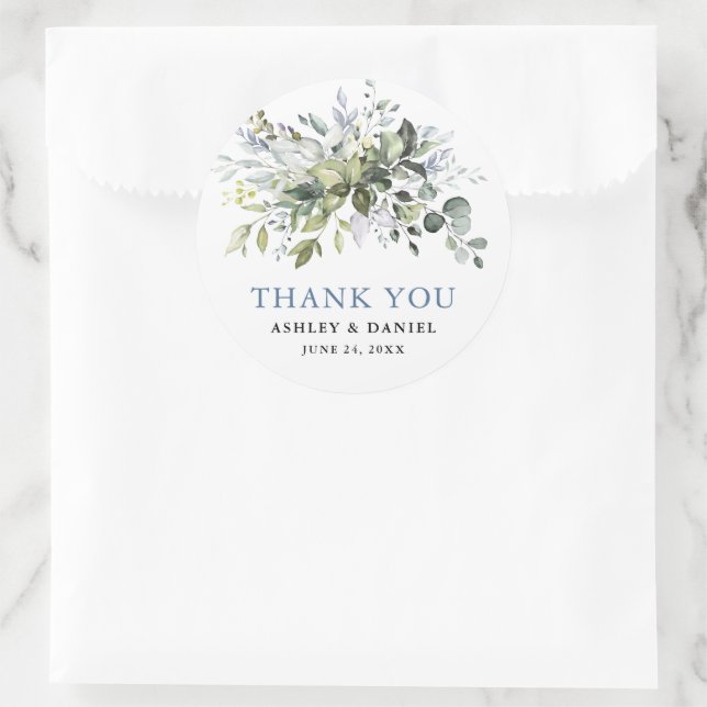 Elegant Watercolor Greenery Dusty Blue Wedding Classic Round Sticker (Bag)