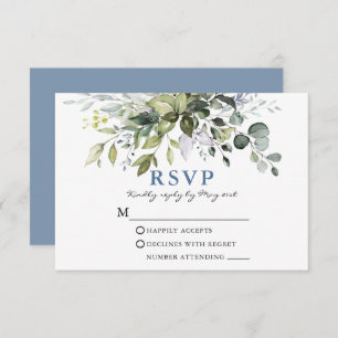 Elegant Watercolor Greenery Dusty Blue Wedding RSVP Card