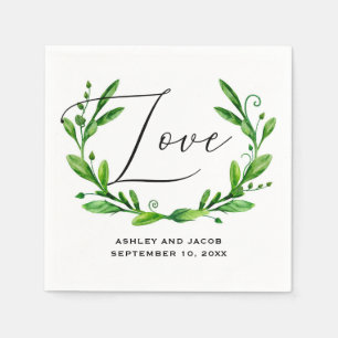 Elegant watercolor greenery floral script wedding napkin