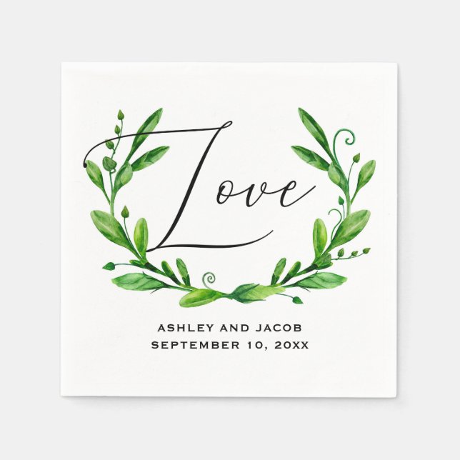 Elegant watercolor greenery floral script wedding napkin (Front)