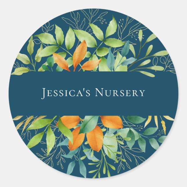 Elegant Watercolor Greenery Foliage Botanical Blue Classic Round Sticker (Front)