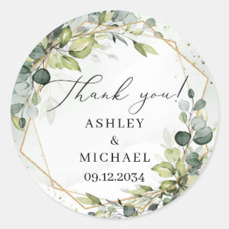 Elegant watercolor greenery foliage gold wedding  classic round sticker