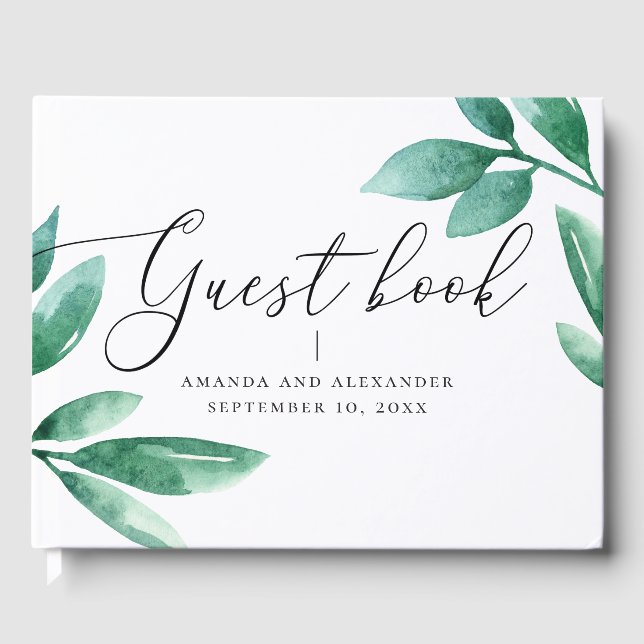 Elegant watercolor greenery foliage script wedding guest book (Front)