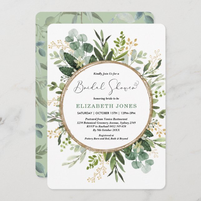 Elegant Watercolor Greenery & Gold Bridal Shower Invitation (Front/Back)