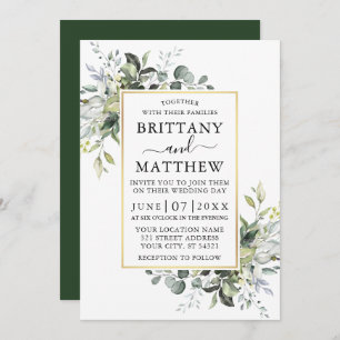 Elegant Watercolor Greenery Gold Frame Wedding Invitation