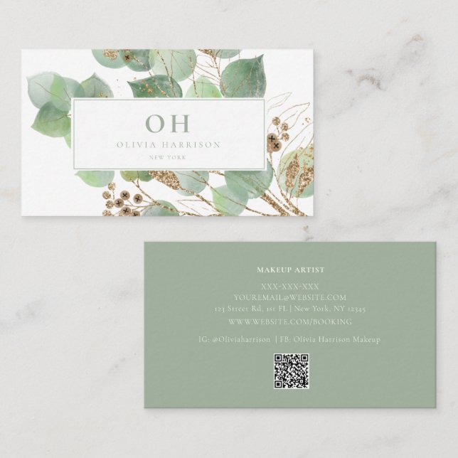Elegant Watercolor Greenery Gold Leaf Business Card (Front/Back)