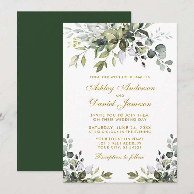 Elegant Watercolor Greenery Gold Wedding Invitation (Front/Back)