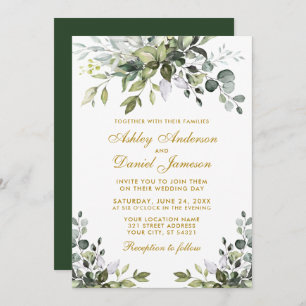 Elegant Watercolor Greenery Gold Wedding Invitation