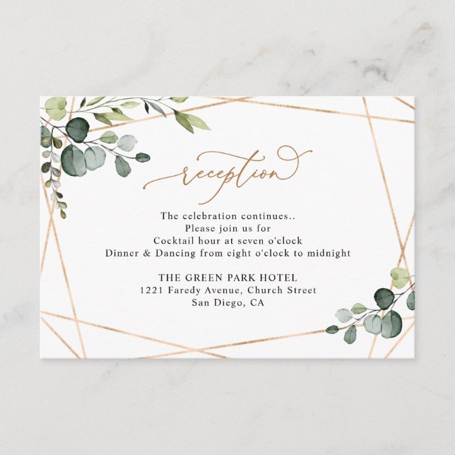 Elegant Watercolor Greenery Gold Wedding Reception Enclosure Card (Front)