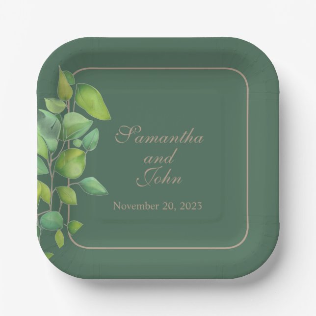 Elegant watercolor greenery green botanical paper plate (Front)