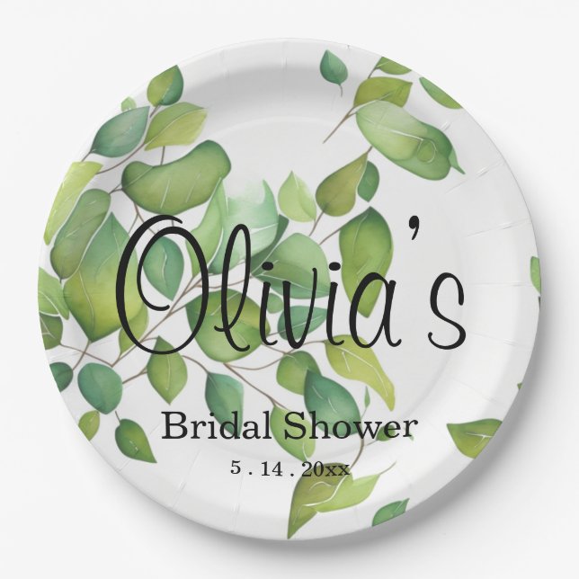 Elegant watercolor greenery green botanical paper plate (Front)