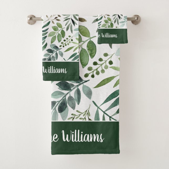 Elegant Watercolor Greenery Leaves Personalized  Bath Towel Set (Insitu)