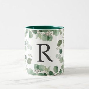 Elegant Watercolor Greenery Monogram Two-Tone Coffee Mug