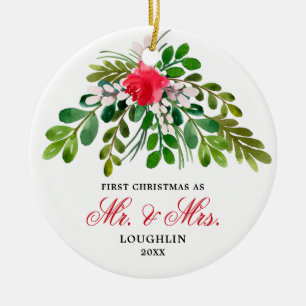 Elegant Watercolor Greenery Newlyweds Mr & Mrs Ceramic Ornament