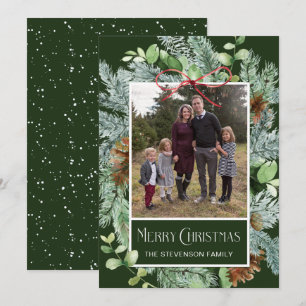 Elegant Watercolor Greenery Photo Christmas Card