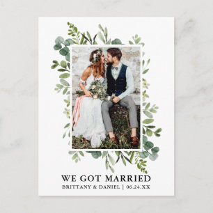 Elegant Watercolor Greenery Photo We Got Married Postcard