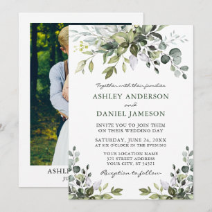 Elegant Watercolor Greenery Photo Wedding Invitation