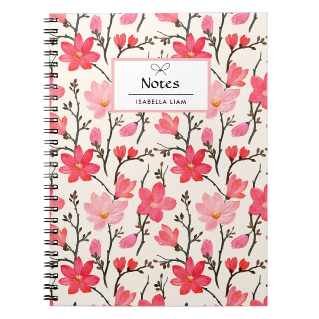 Elegant Watercolor Greenery Pink Flowers Pattern Notebook (Front)