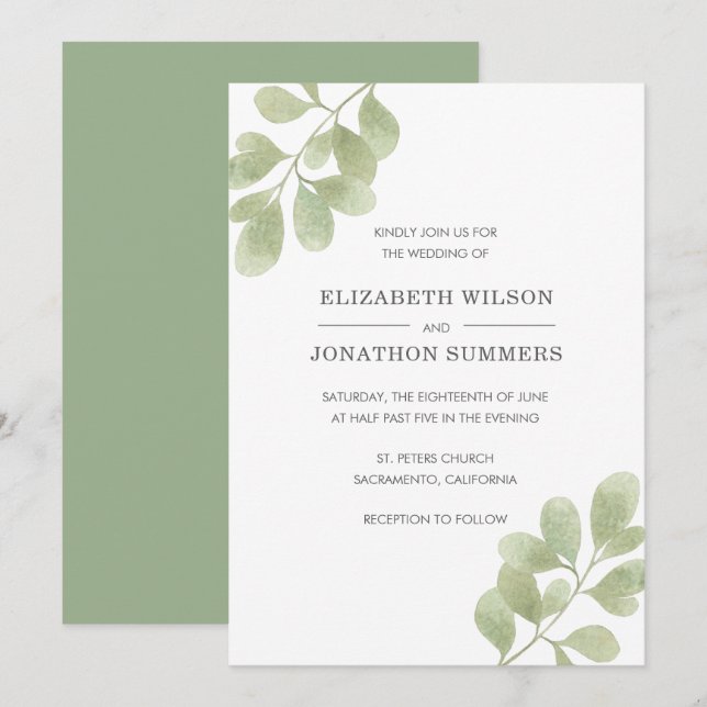 Elegant Watercolor Greenery Rustic Wedding Invitation (Front/Back)