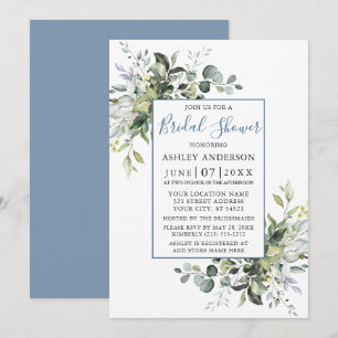 Elegant Watercolor Greenery Shower Dusty Blue Invitation