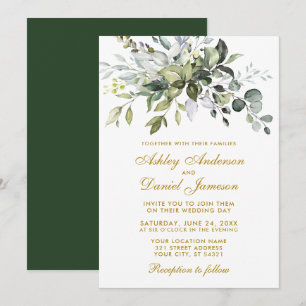 Elegant Watercolor Greenery Wedding Gold Invitation