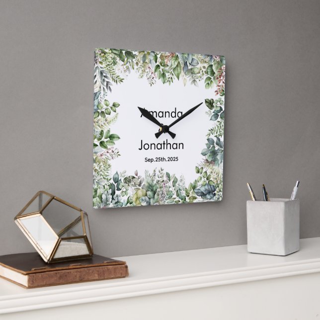 Elegant Watercolor Greenery Wedding Wall Clock (Office)