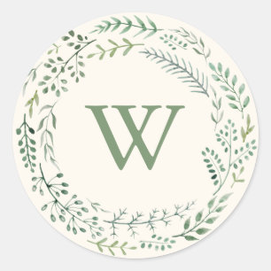 Elegant Watercolor Greenery Wreath Monogram Classic Round Sticker