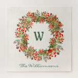 Elegant Watercolor Greenery Wreath Monogram Custom Jigsaw Puzzle<br><div class="desc">This stylish jigsaw puzzle features a beautiful Christmas greenery wreath with berries in red and green. Personalize it with your initial and name in modern script lettering. Great gift idea.</div>