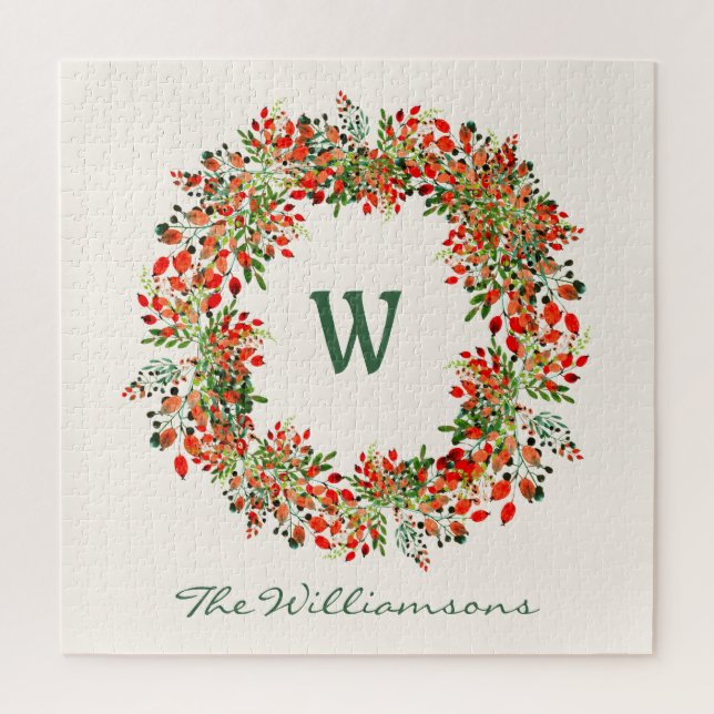Elegant Watercolor Greenery Wreath Monogram Custom Jigsaw Puzzle (Vertical)