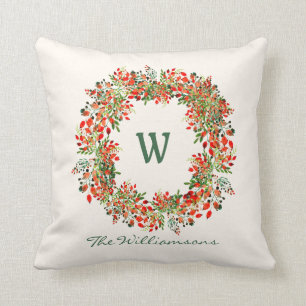 Elegant Watercolor Greenery Wreath Monogram Custom Throw Pillow