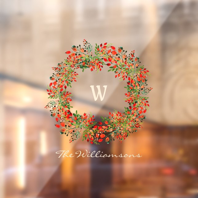Elegant Watercolor Greenery Wreath Monogram Custom Window Cling (Sheet 2)