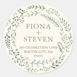 Elegant Watercolor Greenery Wreath Return Address Classic Round Sticker