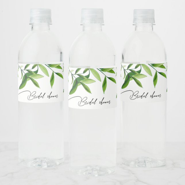 Elegant Watercolor Greennery Leaves Bridal Shower Water Bottle Label (Bottles)