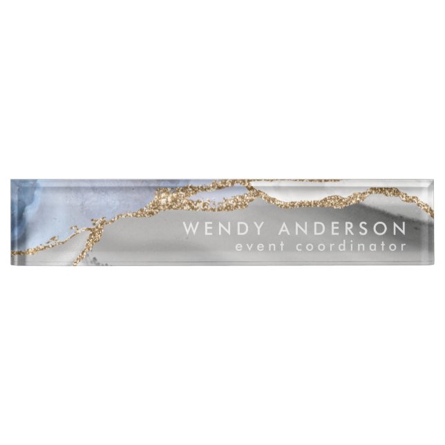 Elegant Watercolor Grey Gold Glitter Agate Nameplate (Front)