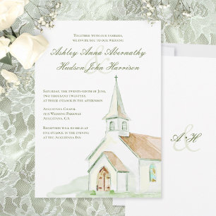 Elegant Watercolor Hand-painted Chapel Wedding  Invitation