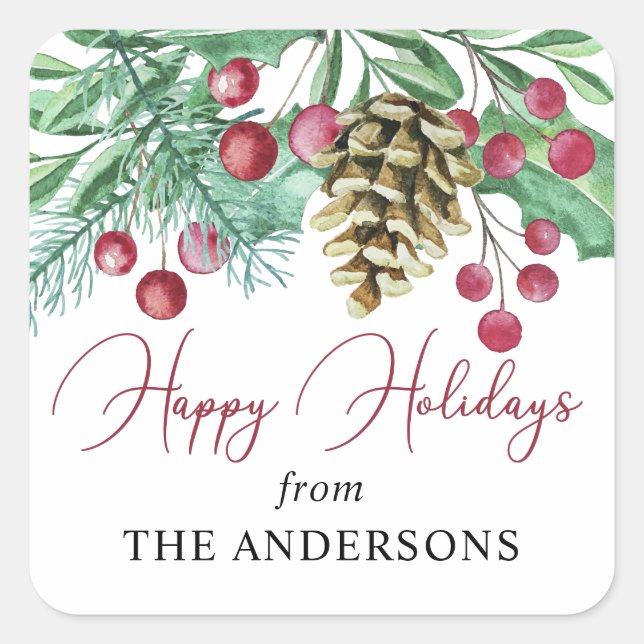 Elegant Watercolor Happy Holidays Square Sticker (Front)
