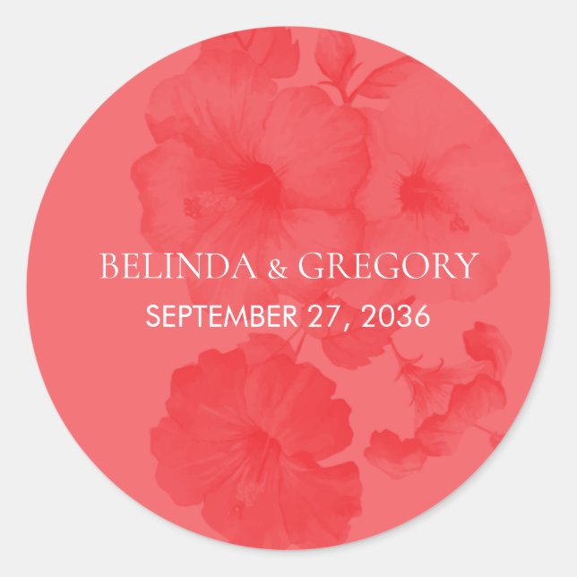 Elegant Watercolor Hibiscus Wedding Classic Round Sticker (Front)
