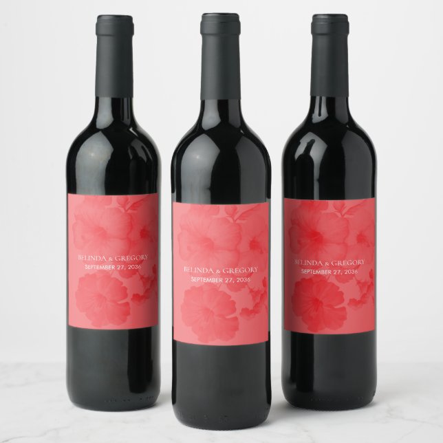 Elegant Watercolor Hibiscus Wedding  Wine Label (Bottles)