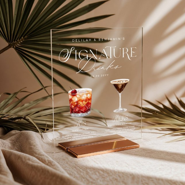 Elegant Watercolor His Her Signature Drink Wedding Acrylic Sign (Elegant Watercolor His Her Signature Drink Wedding Acrylic Sign)