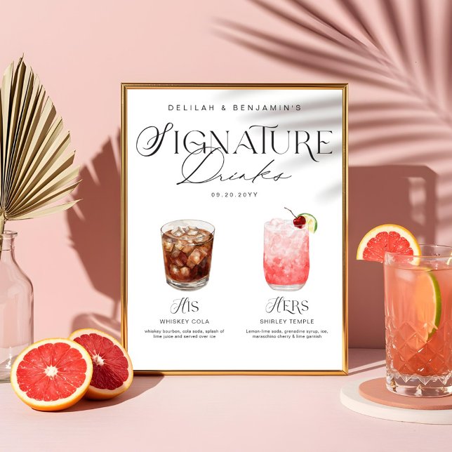 Elegant Watercolor His Her Signature Drink Wedding Poster (Elegant Watercolor His Her Signature Drink Wedding Poster)
