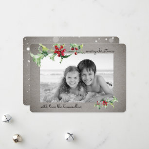 Elegant Watercolor Holly Berries Script Photo Holiday Card