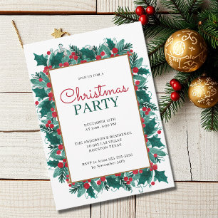 Elegant Watercolor Holly Botanical Christmas Party Invitation