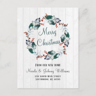 Elegant Watercolor Holly Wreath Christmas Moving Announcement Postcard