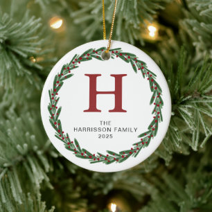 Elegant Watercolor Holly Wreath Monogram Photo Ceramic Ornament